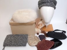 Graham Smith Style at Kangol Astrakhan hat and muff, vintage ladies Revillon fur hat in box,