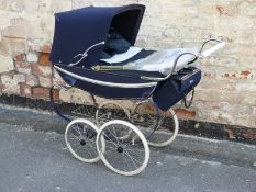 Silver Cross vintage dolls pram in navy with hood, cover, basket,