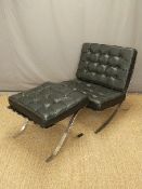 Retro chrome and leather Barcelona style chair and footstool,