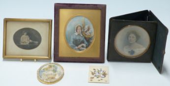 Portrait miniature lady by a mirror in part gilt frame together with four further portrait