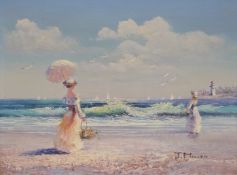 J Miller acrylic on canvas of two ladies on the beach, in ornate gilt frame,