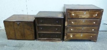 Three small apprentice chests including a walnut example with two campaign style drawers,