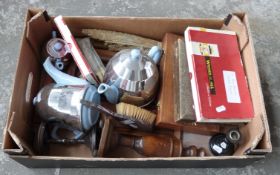 Retro metal cased teapot, milk jug, coffee pot, boxed cutlery, metal pictures, fan,