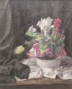 George Weissbort oil on board still life 'Flowers in a White Bowl' unsigned with label verso