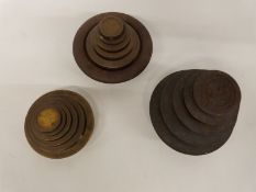 Three runs of flat stacking weights, one cast iron Avery 4lb to 4oz,