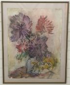 Leslie Marr (British, b 1922) watercolour still life of flowers in a vase on handmade paper,