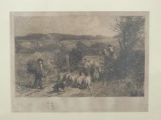 Birket Foster signed etching sheep being driven through a gate,