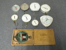 Nine Salter & other dial type spring balances or scales including an example to weigh fish with net