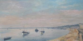Phyllis Morgan RGI oil on canvas of sailing boats moored just off the beach,