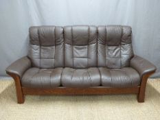 Stressless brown leather three seater sofa with individual reclining facility for all three seats,