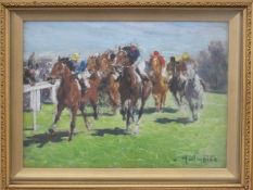 Louis Ferdinand Malespina (1874-1969) oil on board, horse race with crowd beyond the fence,