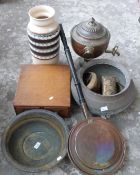 A collection of copper and brassware, oak drawers,