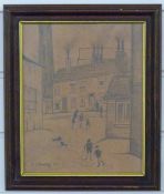 Pencil sketch on MDF townscape, bearing signature lower left L.S.