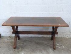 Oak dining or kitchen table with X shaped legs (L164 x D82 x H75cm) together with four hoop back