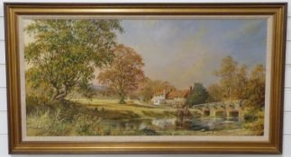 Don Vaughan 20thC oil on canvas horses fording a river village with bridge,