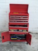 Snap on style Redline toolbox and contents including spanners, screwdrivers, many car repair tools,