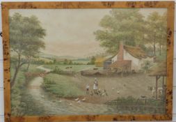 C Hoult watercolour of farmstead with woman and child feeding fowl,