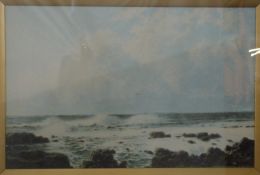 Watercolour coastal scene with waves breaking on the rocks,
