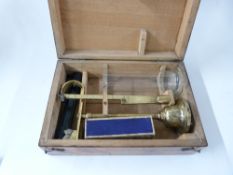 19thC cased specific gravity beam scale with glass sample beaker, minimum height 20.