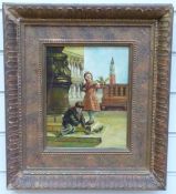 L Cummings oil on board children feeding birds, signed lower left 25 x 19.