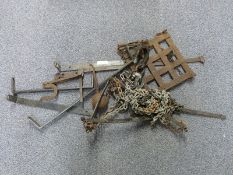 Large hanging shop or similar scales, parts including riveted mesh pan,