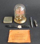 1945 Hudson military whistle, Ronson lighter pen, cigarette case, Fero wristwatch, clock,