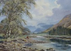 Don Vaughan 20thC oil on canvas 'On the River Mawddach' figures seated by a river in a highland