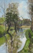 Joan Marlow acrylic on board 'Canal at Poyton' 70 x 44cm,