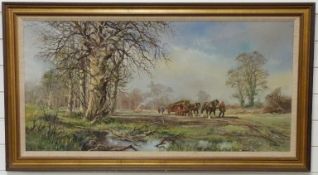 Don Vaughan 20thC oil on canvas horses returning with a full load of logs, signed lower right,