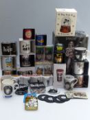 A quantity of Beatles mugs, many boxed, two pairs of drinking glasses,