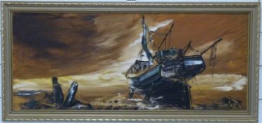 Bill Hawkes of Upton-on-Severn acrylic on board of boats,