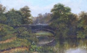Barlow Victorian oil on board figures on a bridge, signed and dated 1879 lower left,