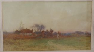 Sylvester Stannard watercolour horse and rider on a track next to half-timbered building