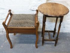 An upholstered piano stool and an oak occasional table