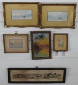 A pair of 19thC watercolours of camels before pyramids,