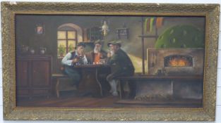 Bavarian interior scene with three men playing chess,