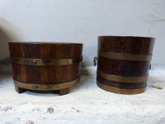 Three small Listers coopered jardinieres with ivorine plaques, largest diameter 39cm x H32cm,
