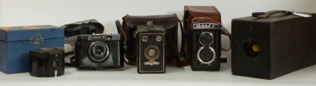 A quantity of cameras including large Eastman box camera, Lubitel 2 TLR camera,