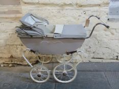 Aux Petites Lutins vintage wooden bodied dolls pram in grey with hood and cover,