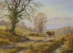 Don Vaughan 20thC oil on canvas cart on a track with landscape beyond,