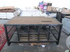 Large ex-Superdry shopfitting or haberdashery table with rustic planked top and mesh cubby holes