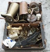 Quantity of copper and brassware to include jugs, kettle, horse brasses, candlesticks,