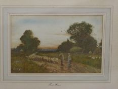 Fred Hines (1875-1928) watercolour of a shepherd on a country lane,