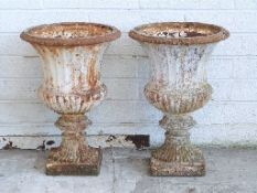 A pair of 19thC cast iron Campana garden urns / jardinieres,