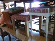 Three low stools and rattan high backed chair