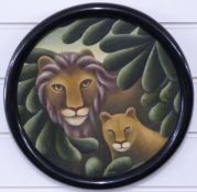 J Marek circular acrylic on board of lions,