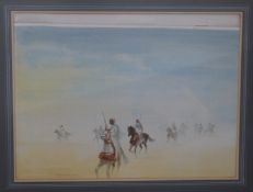 Rodney Russell watercolour Arabian horsemen in the desert, 44x60cm,