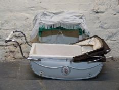 Silver Cross vintage pram basket in white with brown hood and ceramic plaque, with green canopy,