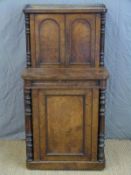 A 19thC burr walnut desk or library cabinet, the top opening to reveal bird's eye maple drawers,