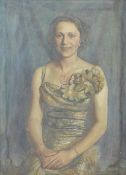 Oil on canvas portrait of a lady with floral dress, indistinctly signed and dated 38 lower right,